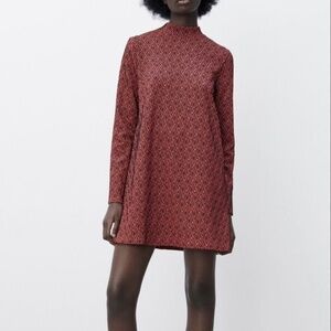 Zara Mini Geometric Jacquard Shift Dress~NWT~Size Med~Black & Orange